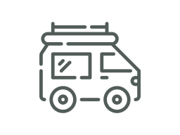 Schlichte Umrisszeichnung eines Wohnmobils mit Dachgepäckträger.