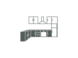 Moderne Küche mit Schränken, Herd, Kühlschrank und Dunstabzugshaube.